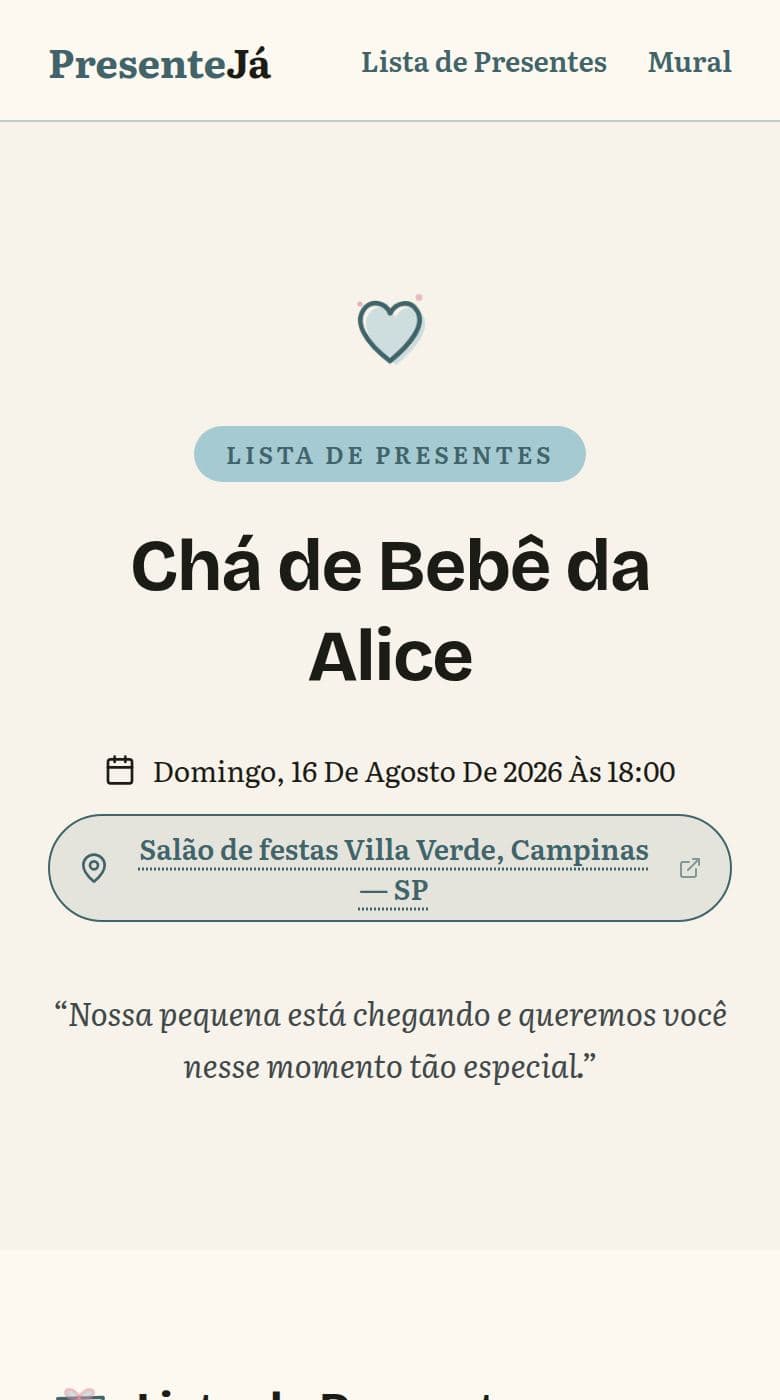 Página de chá de bebê no PresenteJá