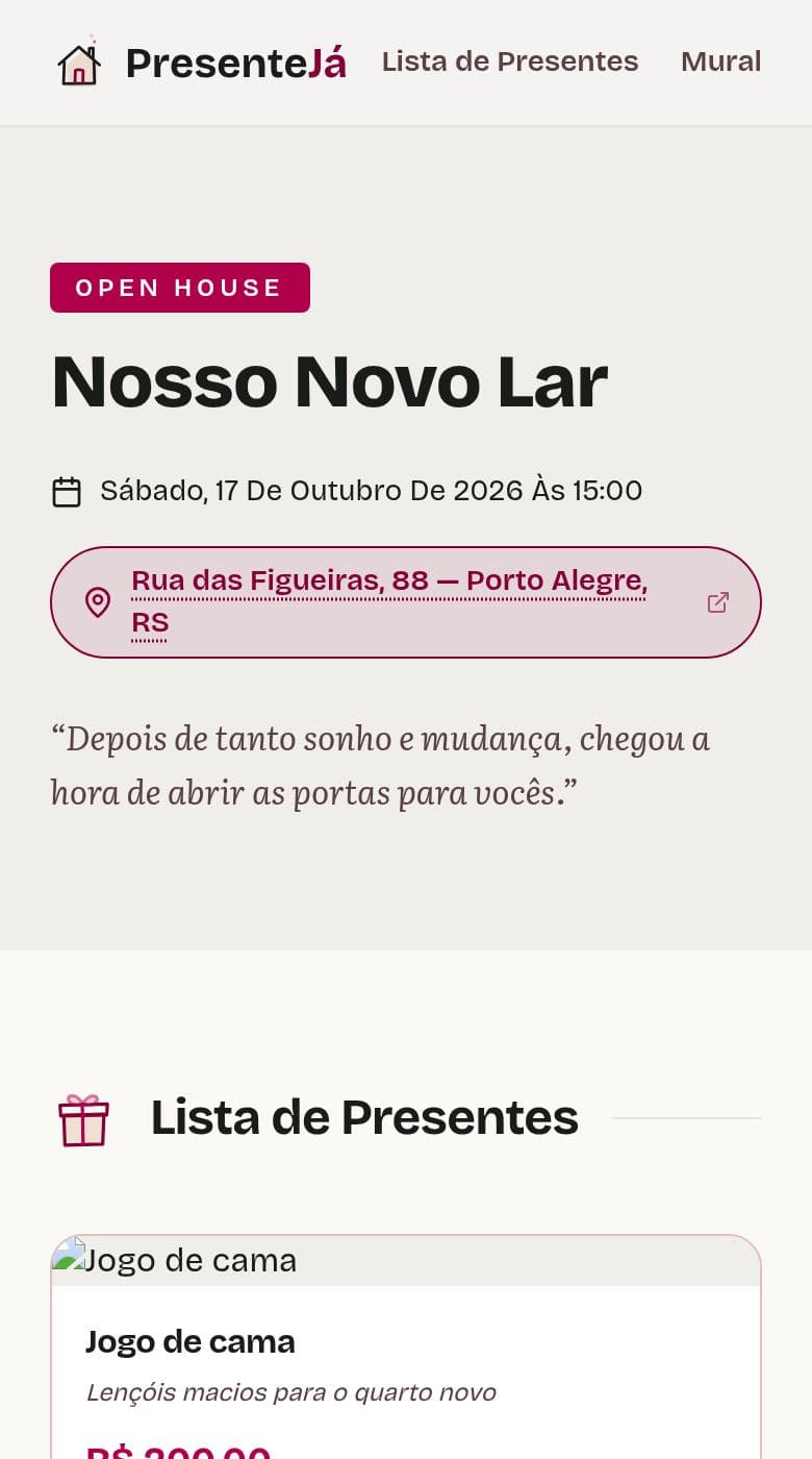 Página de casa nova no PresenteJá