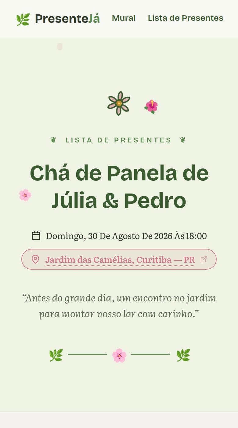 Página de chá de panela no PresenteJá