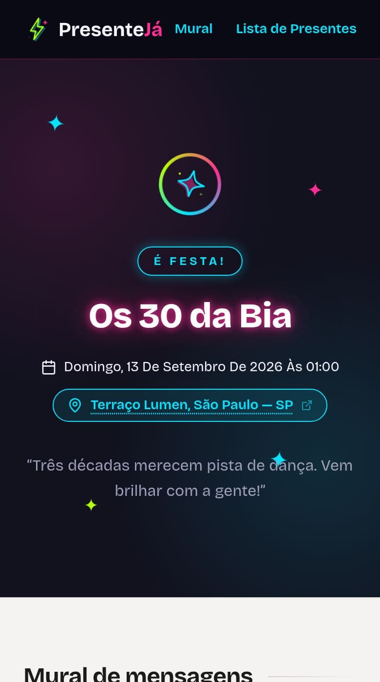 Página de aniversário neon no PresenteJá